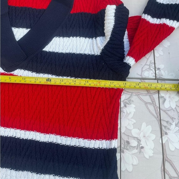 St. John Striped V-Neck Sweater in Red, White, and navy blue - Picture 8 of 9